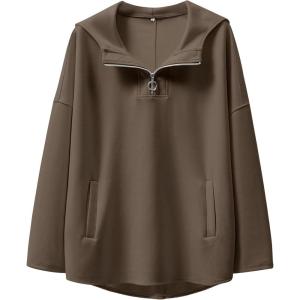 imageANRABESS Womens Oversized Hoodie Quarter Zip Sweatshirts 2025 Spring Tunic Pullover Top Trendy Teen Girls Preppy ClothesCoffee