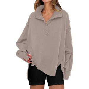 imageANRABESS Womens Sweatshirts Oversized Casual Loose Button Up Henley Pullover Top High Low Split 2025 Fall Fashion OutfitsKhaki