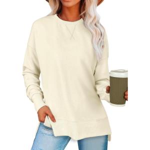 imageANRABESS Sweatshirts for women 2024 Fall Fashion Shirts Long Sleeve Crewneck Lightweight Side Split Casual Pullover TopAlmond