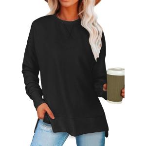 imageANRABESS Sweatshirts for women 2024 Fall Fashion Shirts Long Sleeve Crewneck Lightweight Side Split Casual Pullover TopBlack