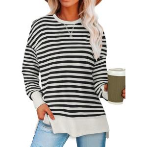 imageANRABESS Sweatshirts for women 2024 Fall Fashion Shirts Long Sleeve Crewneck Lightweight Side Split Casual Pullover TopBlack White