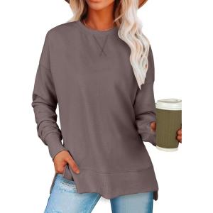 imageANRABESS Sweatshirts for women 2024 Fall Fashion Shirts Long Sleeve Crewneck Lightweight Side Split Casual Pullover TopBrown