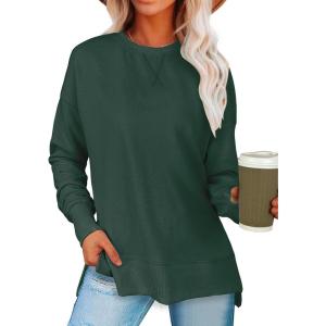 imageANRABESS Sweatshirts for women 2024 Fall Fashion Shirts Long Sleeve Crewneck Lightweight Side Split Casual Pullover TopDeep Green
