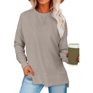 imageANRABESS Sweatshirts for women 2024 Fall Fashion Shirts Long Sleeve Crewneck Lightweight Side Split Casual Pullover TopKhaki
