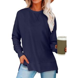 imageANRABESS Sweatshirts for women 2024 Fall Fashion Shirts Long Sleeve Crewneck Lightweight Side Split Casual Pullover TopNavy Blue