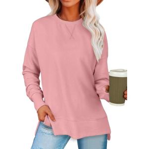 imageANRABESS Sweatshirts for women 2024 Fall Fashion Shirts Long Sleeve Crewneck Lightweight Side Split Casual Pullover TopPink