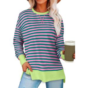 imageANRABESS Sweatshirts for women 2024 Fall Fashion Shirts Long Sleeve Crewneck Lightweight Side Split Casual Pullover TopPink Green