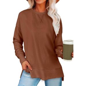 imageANRABESS Sweatshirts for women 2024 Fall Fashion Shirts Long Sleeve Crewneck Lightweight Side Split Casual Pullover TopRust Brown