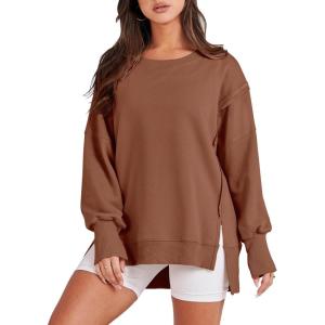 imageANRABESS Womens Oversized Sweatshirts Crew Neck Long Sleeve Shirts Casual Loose Slit 2025 Fall ClothesCaramel
