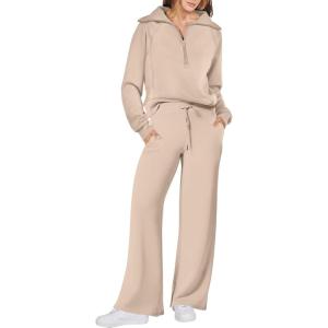 imageANRABESS Women 2 Piece Outfits Sweatsuit Oversized Sweatshirt Sweatpants Tracksuit Sweat Lounge Matching Set 2025 Fall TrendyKhaki
