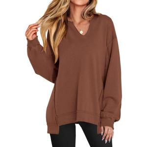 imageANRABESS Womens Oversized Sweatshirt V Neck Long Sleeve Tunic Lightweight Pullover 2025 Spring Casual Tops Teen Girl OutfitsCaramel Brown
