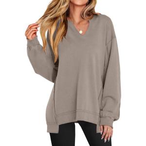 imageANRABESS Womens Oversized Sweatshirt V Neck Long Sleeve Tunic Lightweight Pullover 2025 Spring Casual Tops Teen Girl OutfitsDark Khaki Grey