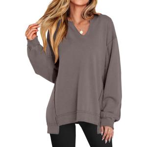 imageANRABESS Womens Oversized Sweatshirt V Neck Long Sleeve Tunic Lightweight Pullover 2025 Spring Casual Tops Teen Girl OutfitsLight Brown