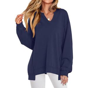 imageANRABESS Womens Oversized Sweatshirt V Neck Long Sleeve Tunic Lightweight Pullover 2025 Spring Casual Tops Teen Girl OutfitsNavy Blue