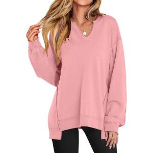 imageANRABESS Womens Oversized Sweatshirt V Neck Long Sleeve Tunic Lightweight Pullover 2025 Spring Casual Tops Teen Girl OutfitsPink