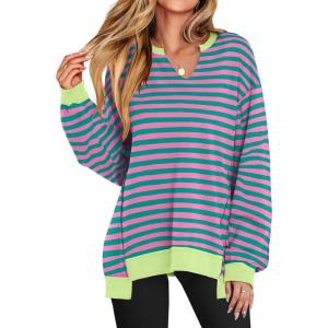 imageANRABESS Womens Oversized Sweatshirt V Neck Long Sleeve Tunic Lightweight Pullover 2025 Spring Casual Tops Teen Girl OutfitsPink Green