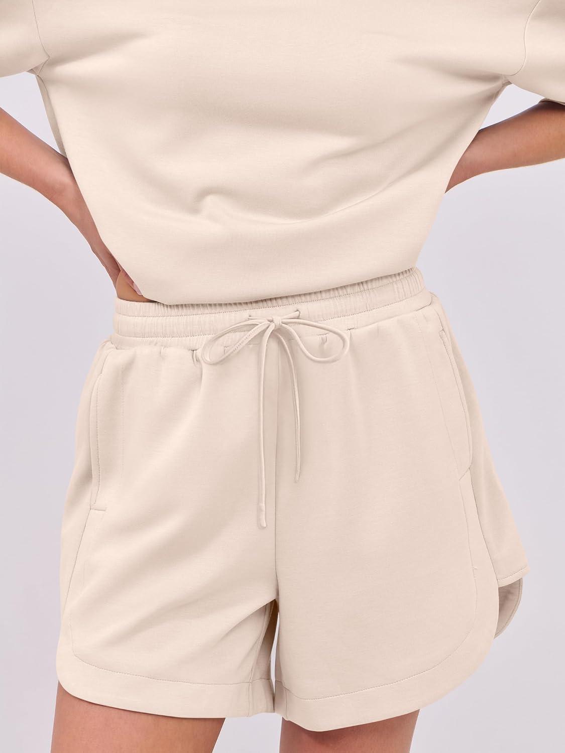 imageANRABESS Two Piece Outfits Oversized Top Lounge Shorts Matching Sets 2025 Summer Fashion Sweatsuits Travel Airport ClothesApricot