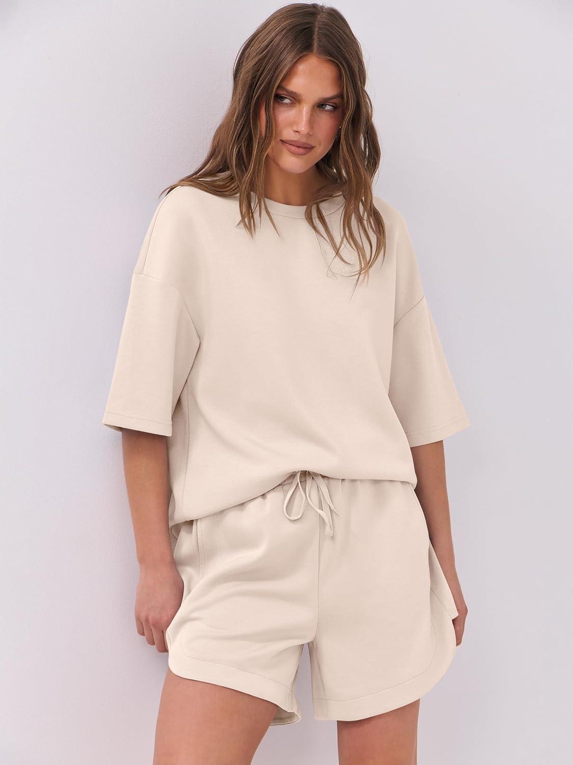imageANRABESS Two Piece Outfits Oversized Top Lounge Shorts Matching Sets 2025 Summer Fashion Sweatsuits Travel Airport ClothesApricot