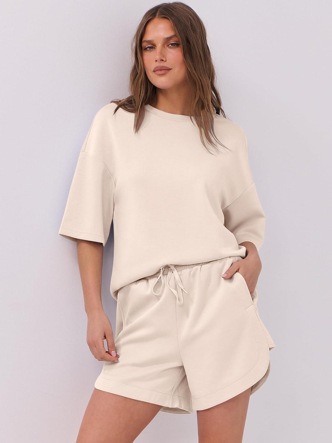 imageANRABESS Two Piece Outfits Oversized Top Lounge Shorts Matching Sets 2025 Summer Fashion Sweatsuits Travel Airport ClothesApricot