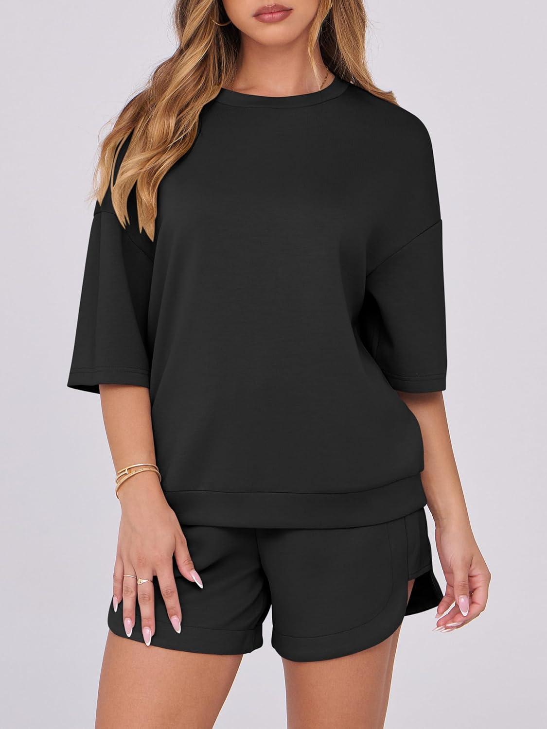 imageANRABESS Two Piece Outfits Oversized Top Lounge Shorts Matching Sets 2025 Summer Fashion Sweatsuits Travel Airport ClothesBlack