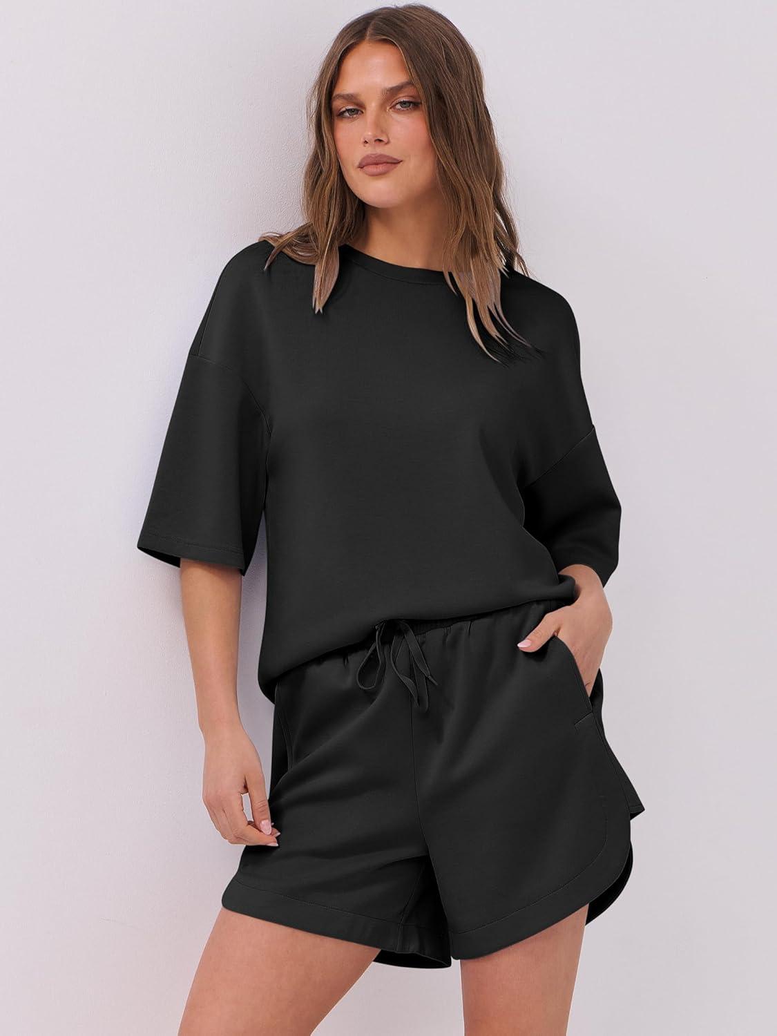 imageANRABESS Two Piece Outfits Oversized Top Lounge Shorts Matching Sets 2025 Summer Fashion Sweatsuits Travel Airport ClothesBlack