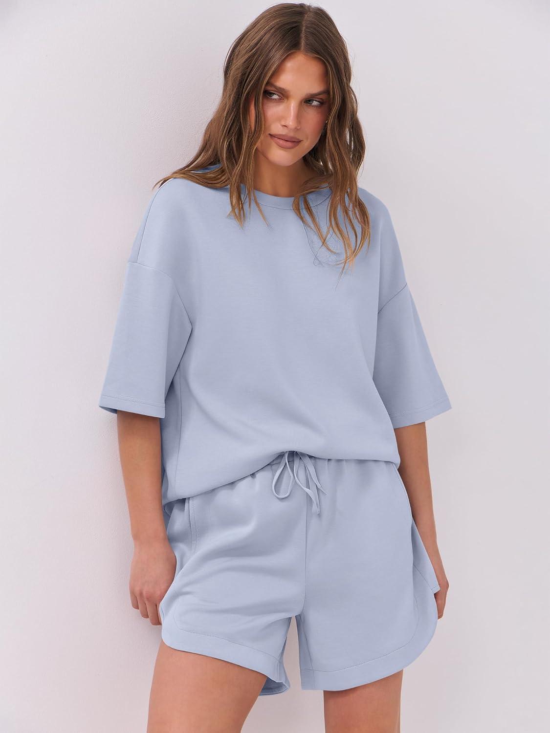 imageANRABESS Two Piece Outfits Oversized Top Lounge Shorts Matching Sets 2025 Summer Fashion Sweatsuits Travel Airport ClothesLight Blue
