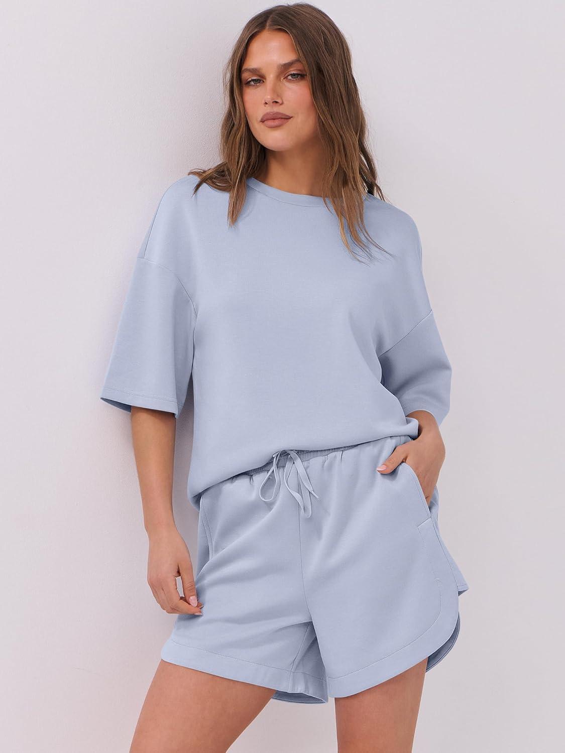 imageANRABESS Two Piece Outfits Oversized Top Lounge Shorts Matching Sets 2025 Summer Fashion Sweatsuits Travel Airport ClothesLight Blue