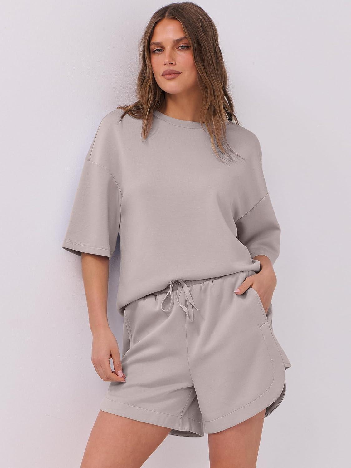 imageANRABESS Two Piece Outfits Oversized Top Lounge Shorts Matching Sets 2025 Summer Fashion Sweatsuits Travel Airport ClothesLight Khaki