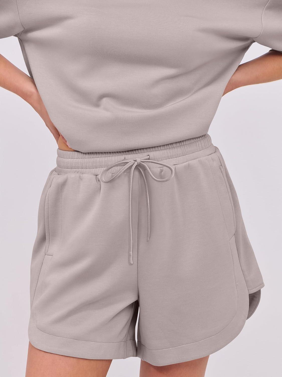 imageANRABESS Two Piece Outfits Oversized Top Lounge Shorts Matching Sets 2025 Summer Fashion Sweatsuits Travel Airport ClothesLight Khaki