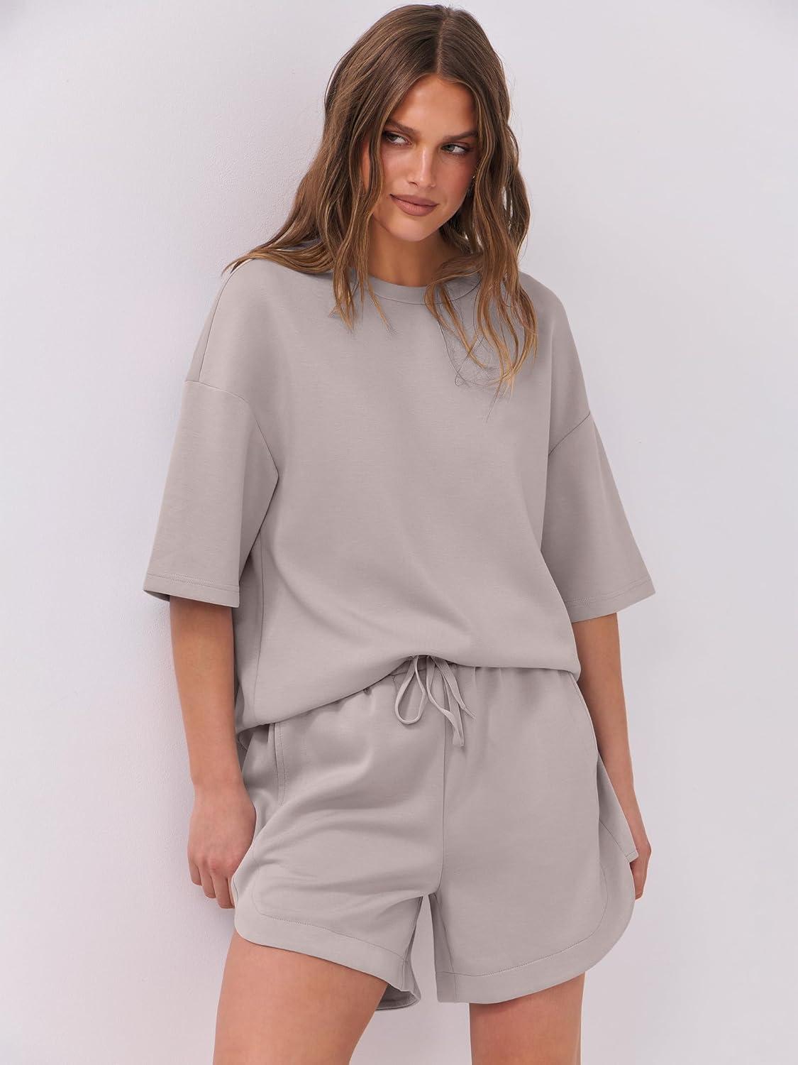 imageANRABESS Two Piece Outfits Oversized Top Lounge Shorts Matching Sets 2025 Summer Fashion Sweatsuits Travel Airport ClothesLight Khaki