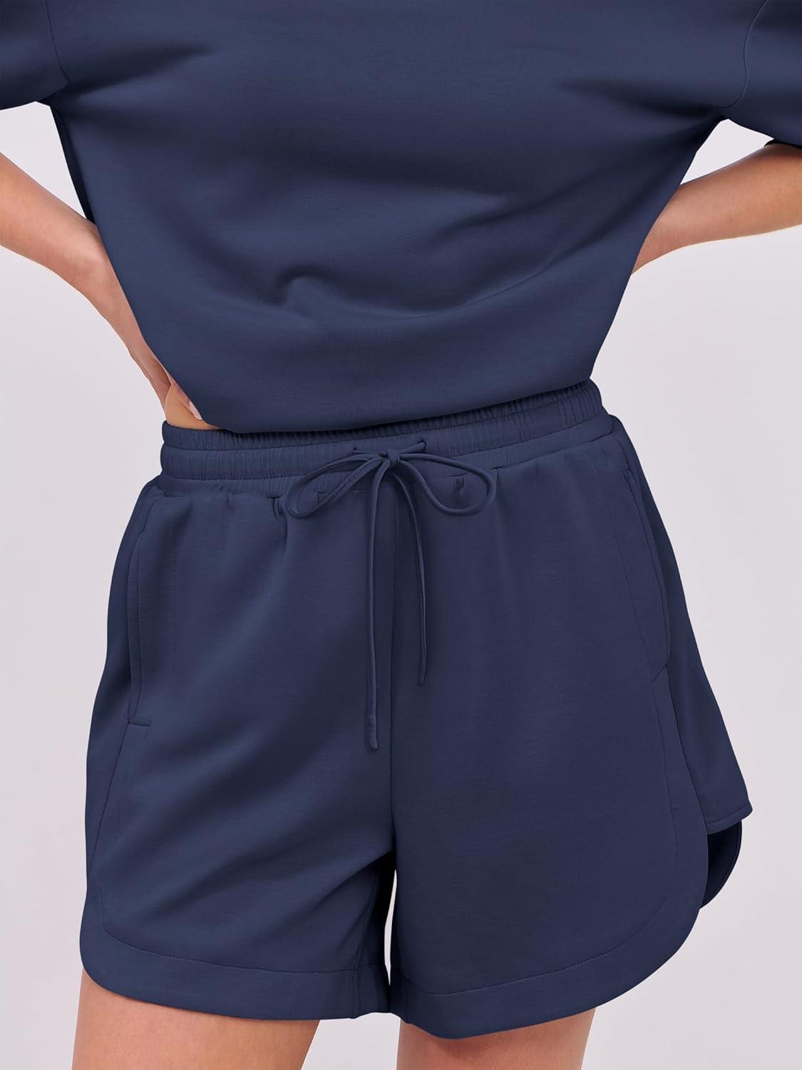 imageANRABESS Two Piece Outfits Oversized Top Lounge Shorts Matching Sets 2025 Summer Fashion Sweatsuits Travel Airport ClothesNavy Blue