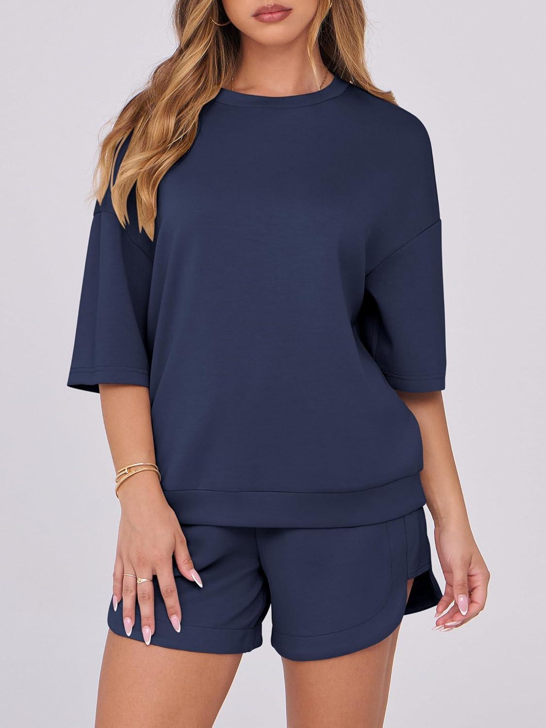 imageANRABESS Two Piece Outfits Oversized Top Lounge Shorts Matching Sets 2025 Summer Fashion Sweatsuits Travel Airport ClothesNavy Blue