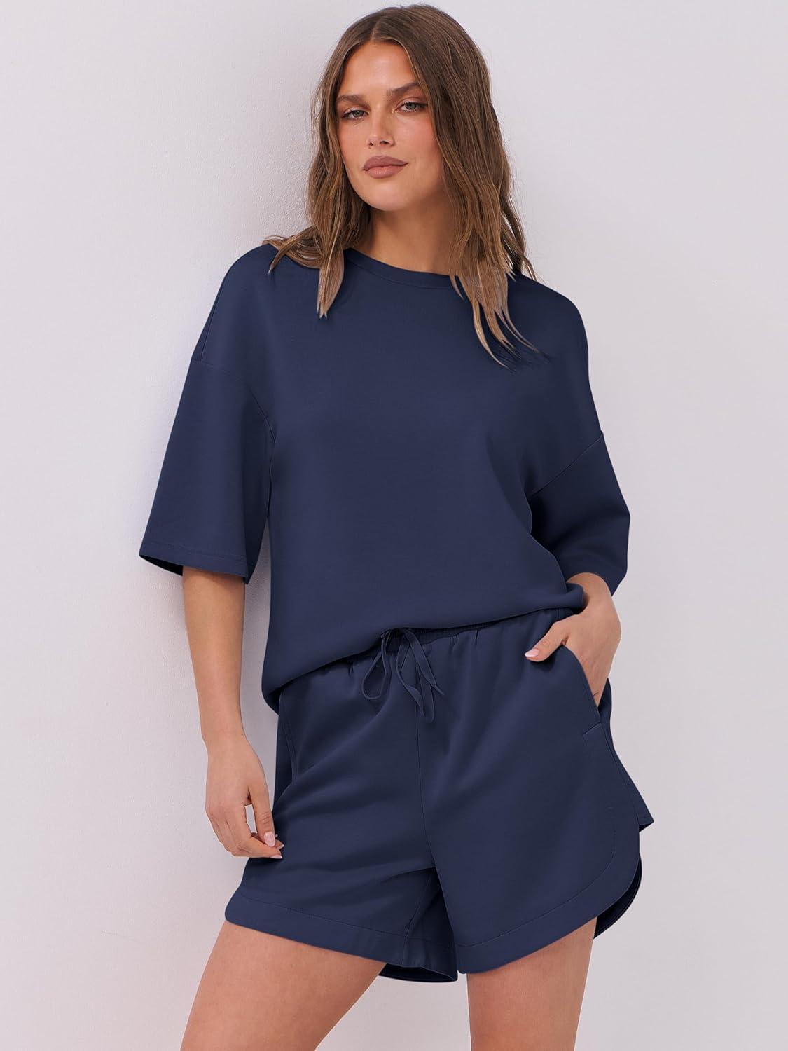 imageANRABESS Two Piece Outfits Oversized Top Lounge Shorts Matching Sets 2025 Summer Fashion Sweatsuits Travel Airport ClothesNavy Blue