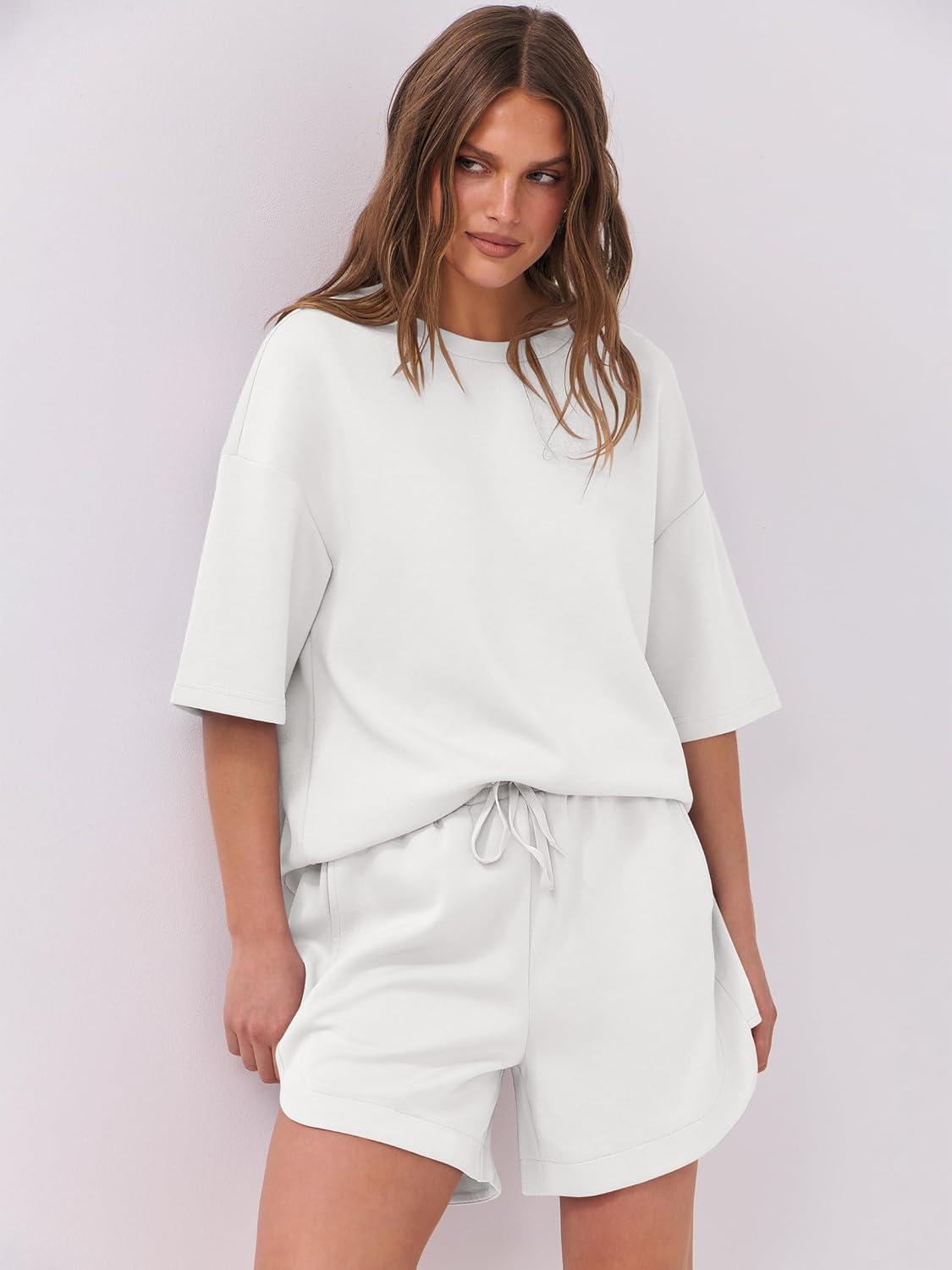 imageANRABESS Two Piece Outfits Oversized Top Lounge Shorts Matching Sets 2025 Summer Fashion Sweatsuits Travel Airport ClothesWhite