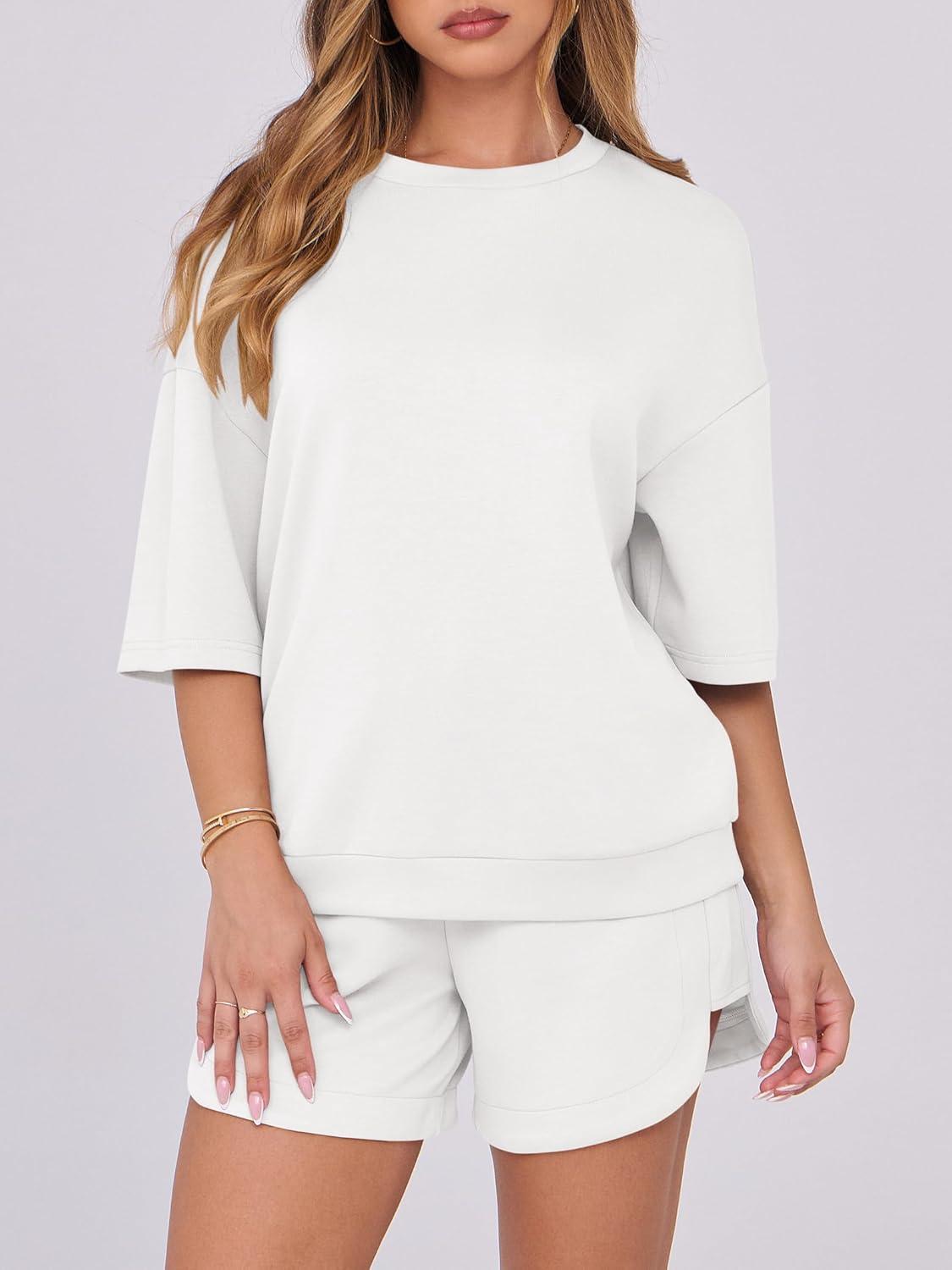 imageANRABESS Two Piece Outfits Oversized Top Lounge Shorts Matching Sets 2025 Summer Fashion Sweatsuits Travel Airport ClothesWhite