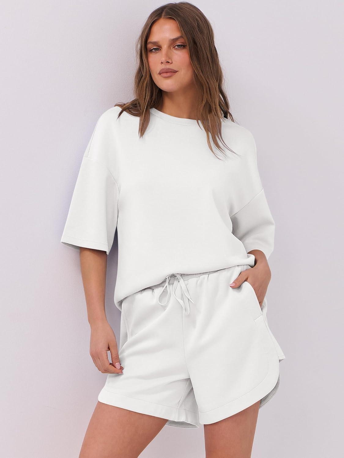 imageANRABESS Two Piece Outfits Oversized Top Lounge Shorts Matching Sets 2025 Summer Fashion Sweatsuits Travel Airport ClothesWhite