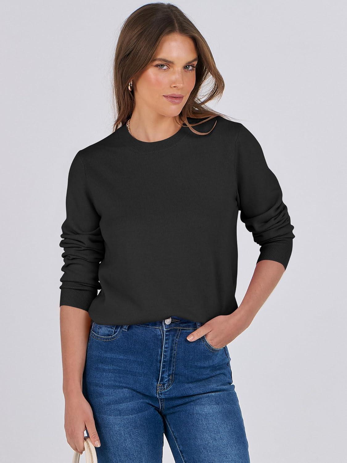 imageANRABESS Womens Long Sleeve Crewneck Classic 2025 Fall Soft Basic Pullover Sweaters TopBlack