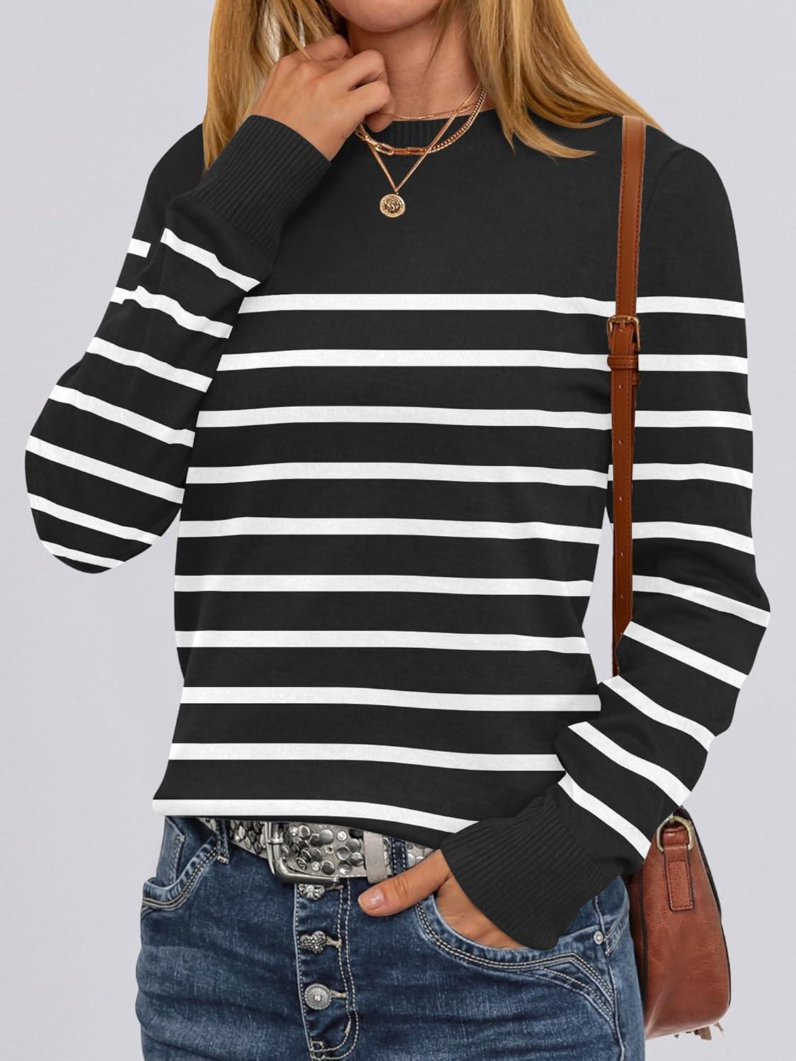 imageANRABESS Womens Long Sleeve Crewneck Classic 2025 Fall Soft Basic Pullover Sweaters TopBlack White