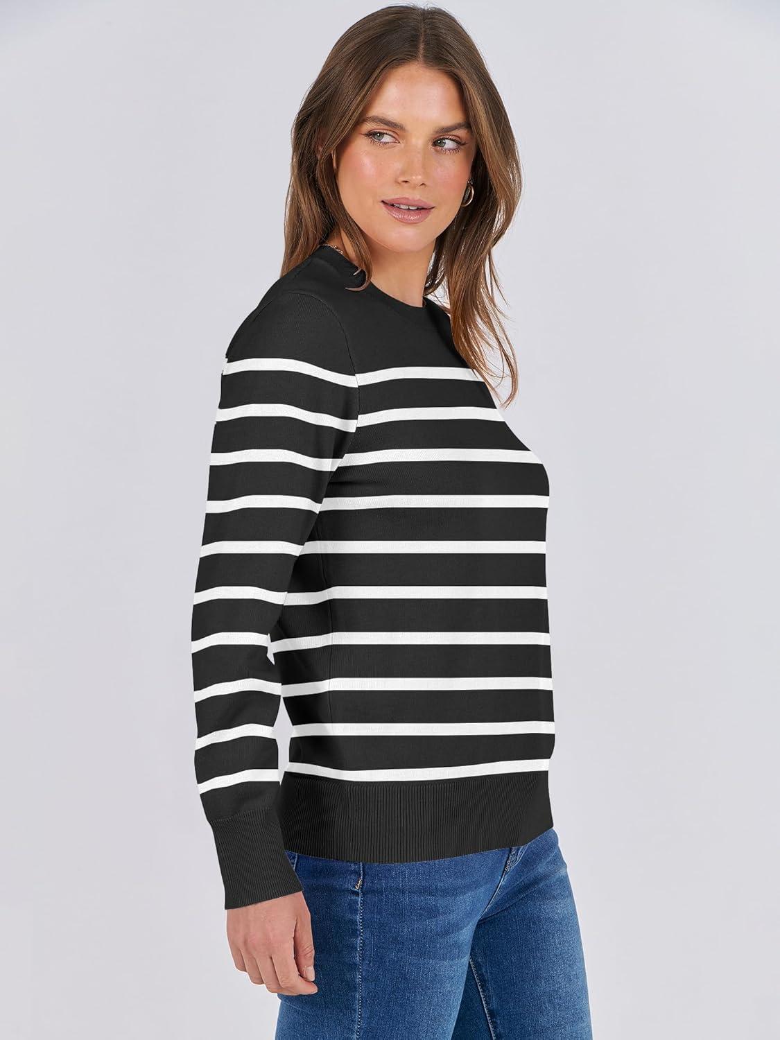 imageANRABESS Womens Long Sleeve Crewneck Classic 2025 Fall Soft Basic Pullover Sweaters TopBlack White