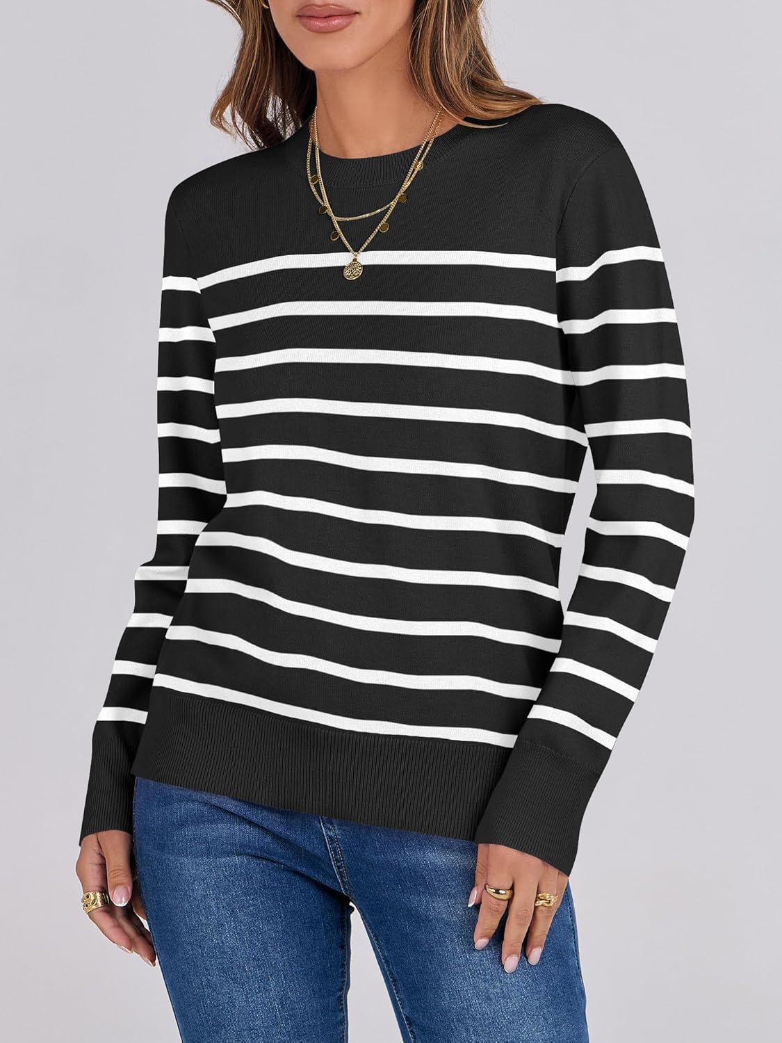 imageANRABESS Womens Long Sleeve Crewneck Classic 2025 Fall Soft Basic Pullover Sweaters TopBlack White