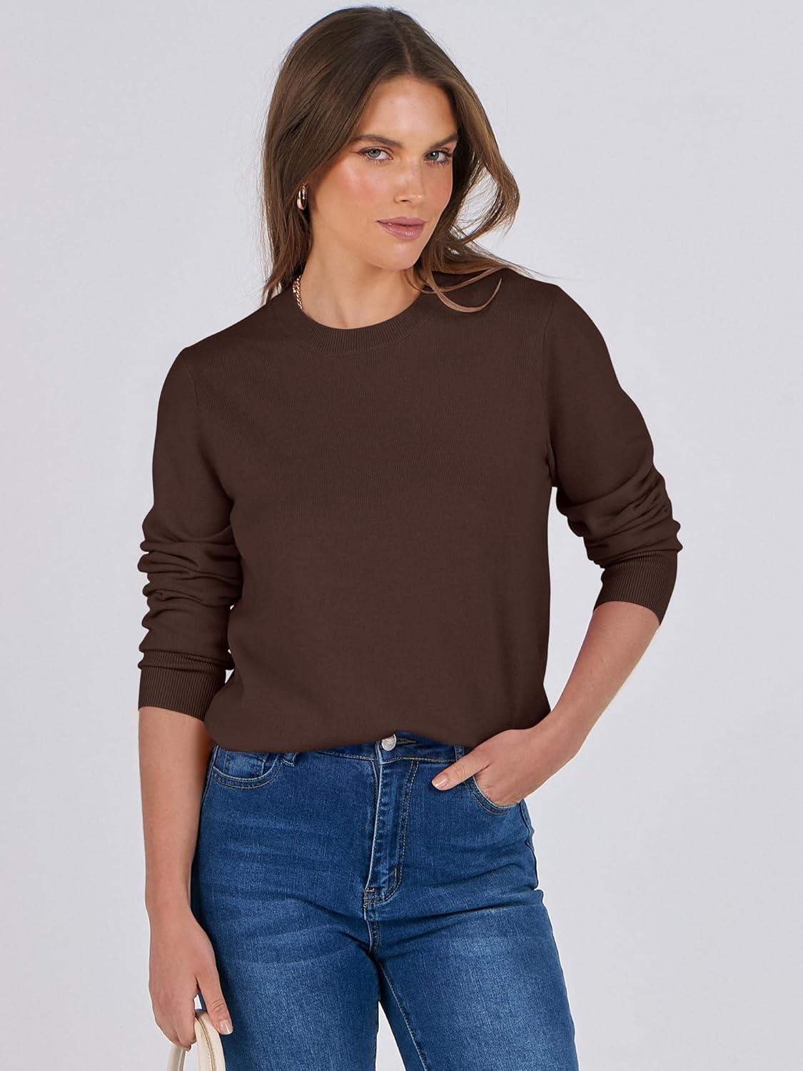 imageANRABESS Womens Long Sleeve Crewneck Classic 2025 Fall Soft Basic Pullover Sweaters TopCoffee