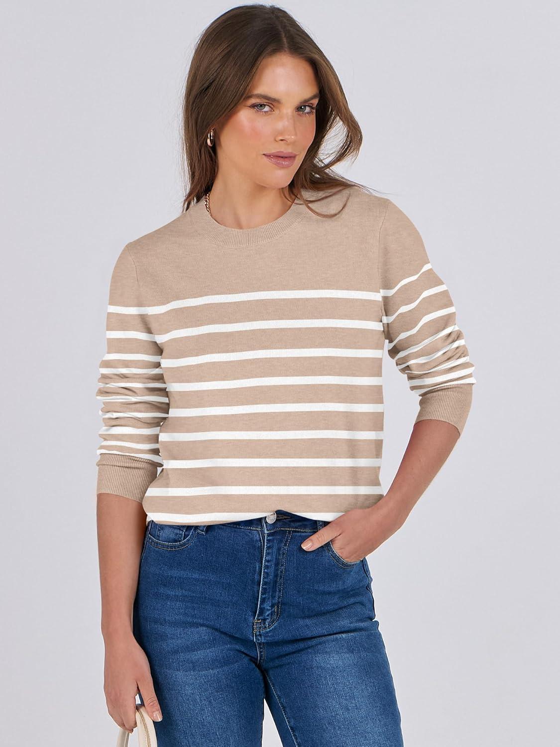 imageANRABESS Womens Long Sleeve Crewneck Classic 2025 Fall Soft Basic Pullover Sweaters TopKhaki White