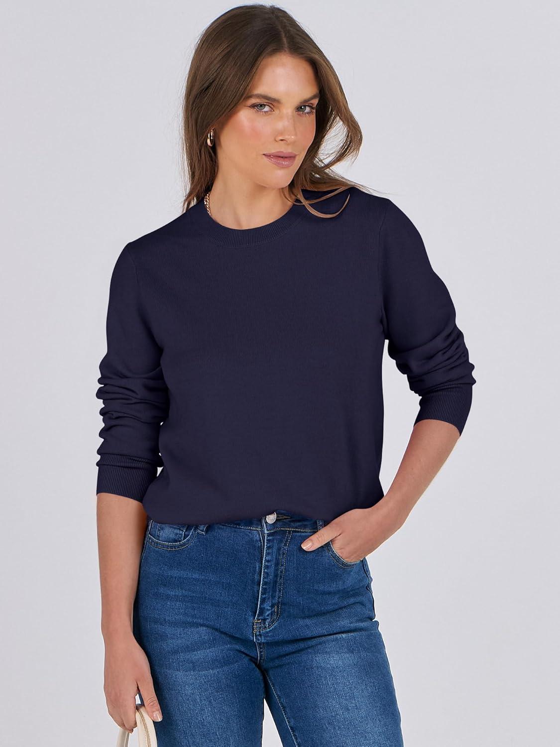 imageANRABESS Womens Long Sleeve Crewneck Classic 2025 Fall Soft Basic Pullover Sweaters TopNavy Blue