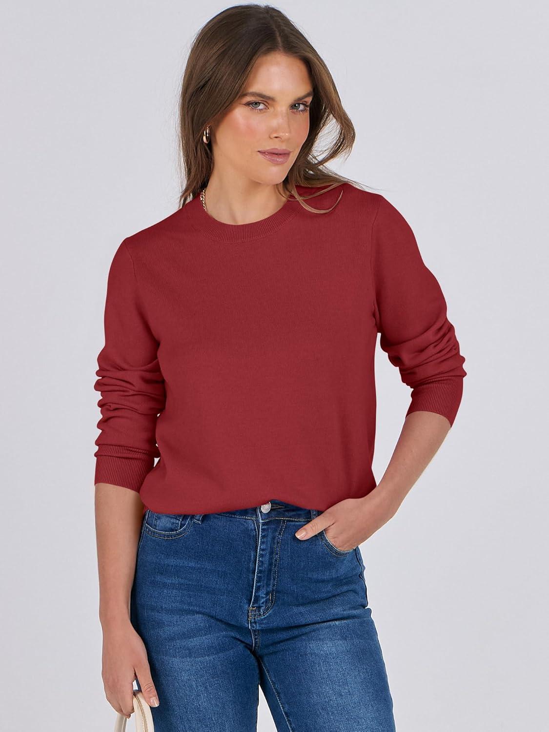 imageANRABESS Womens Long Sleeve Crewneck Classic 2025 Fall Soft Basic Pullover Sweaters TopRed
