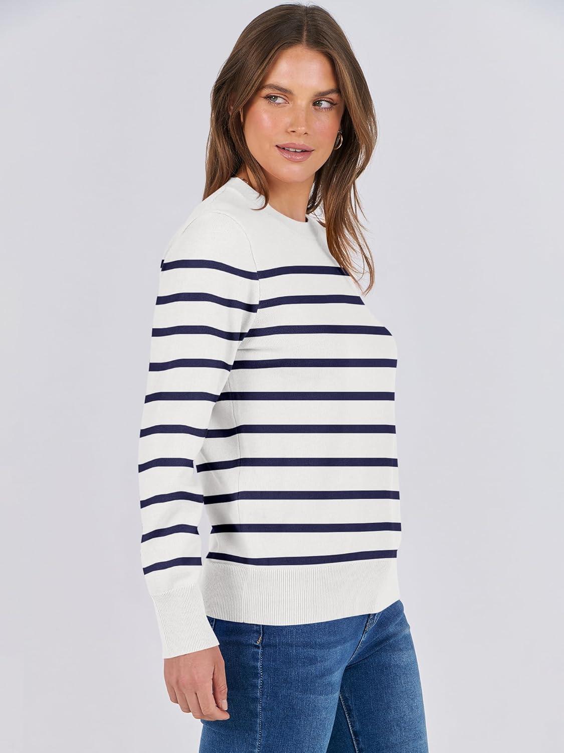 imageANRABESS Womens Long Sleeve Crewneck Classic 2025 Fall Soft Basic Pullover Sweaters TopWhite Blue