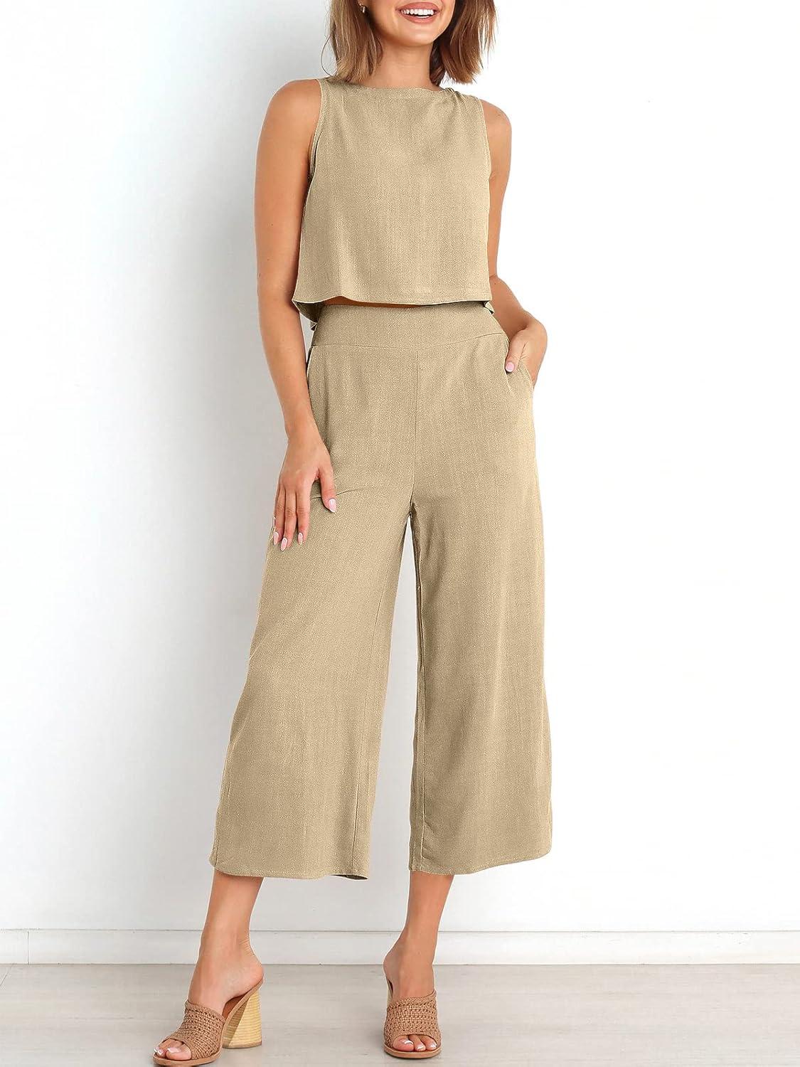 imageANRABESS Womens Summer 2 Piece Outfits Sleeveless Crop Top Capri Wide Leg Pants Jumpsuit Linen Lounge Beach Travel SetsApricot