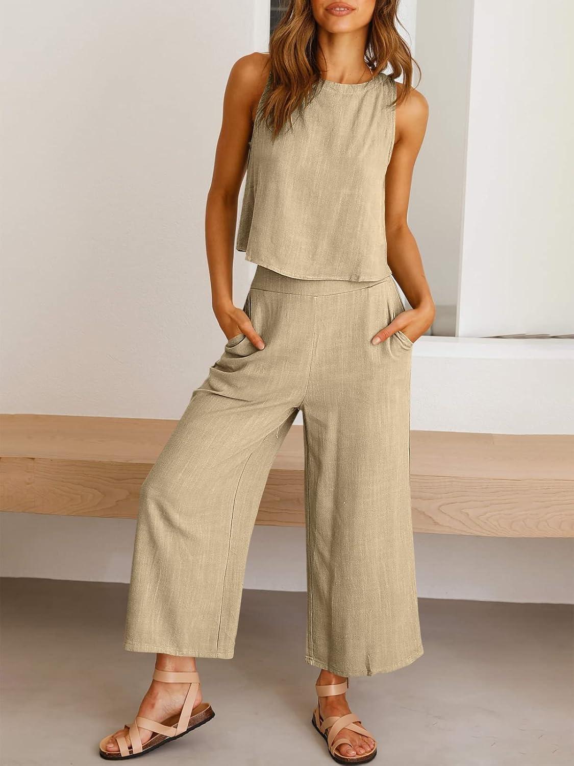 imageANRABESS Womens Summer 2 Piece Outfits Sleeveless Crop Top Capri Wide Leg Pants Jumpsuit Linen Lounge Beach Travel SetsApricot