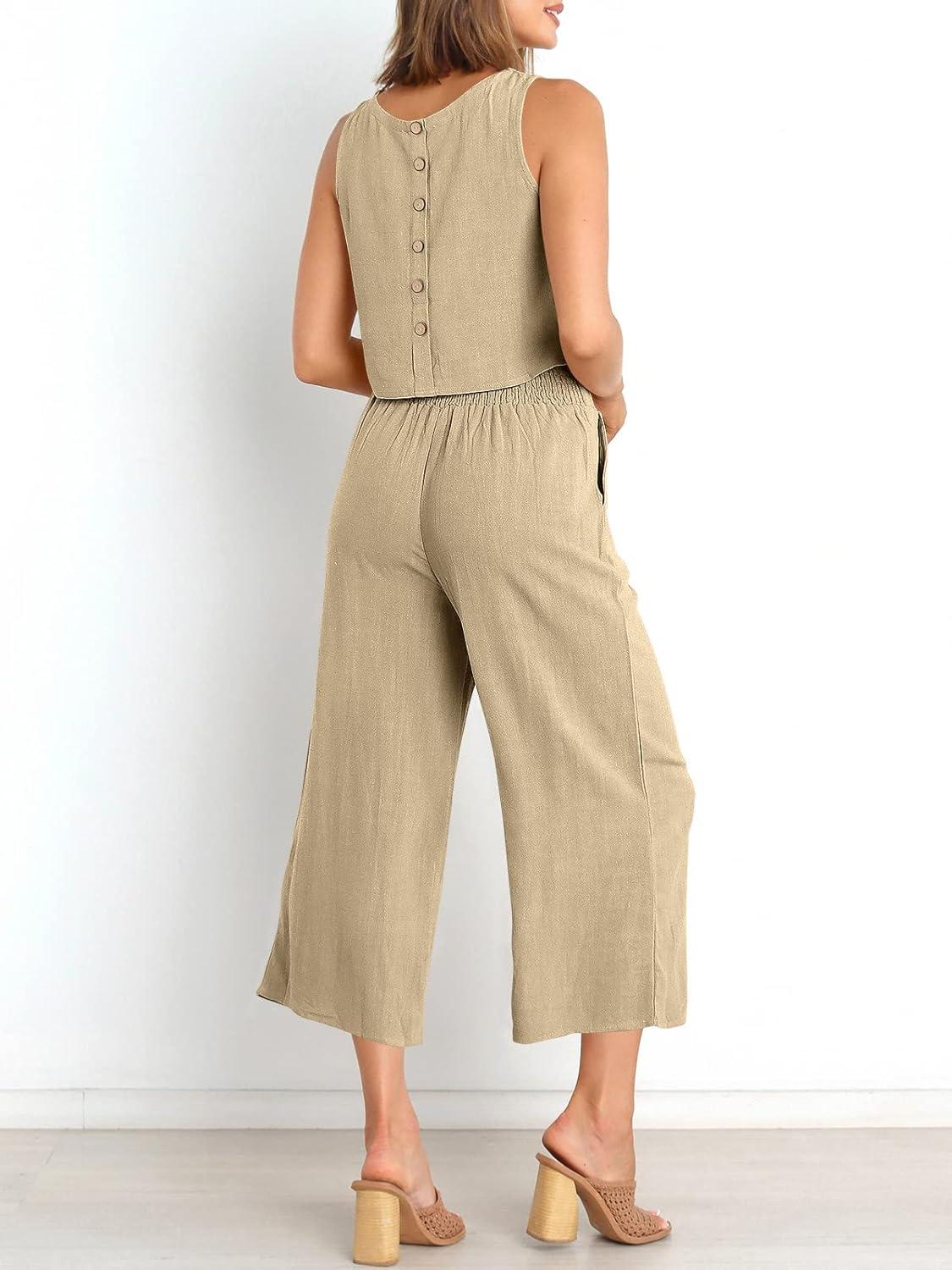 imageANRABESS Womens Summer 2 Piece Outfits Sleeveless Crop Top Capri Wide Leg Pants Jumpsuit Linen Lounge Beach Travel SetsApricot