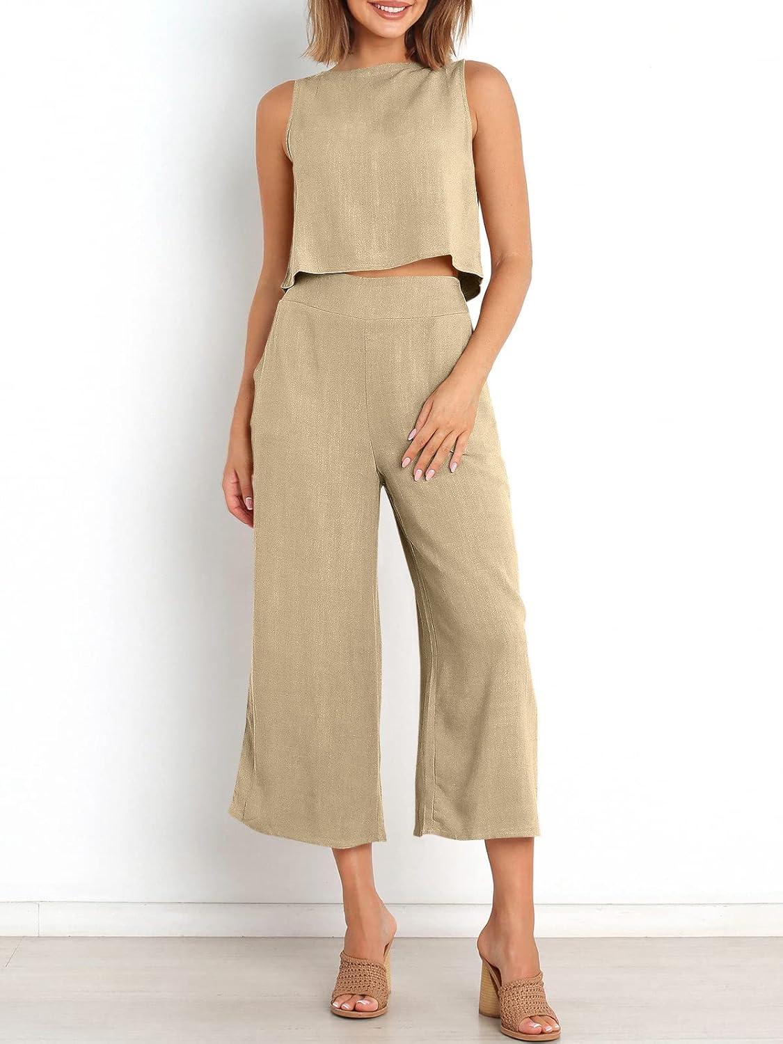 imageANRABESS Womens Summer 2 Piece Outfits Sleeveless Crop Top Capri Wide Leg Pants Jumpsuit Linen Lounge Beach Travel SetsApricot