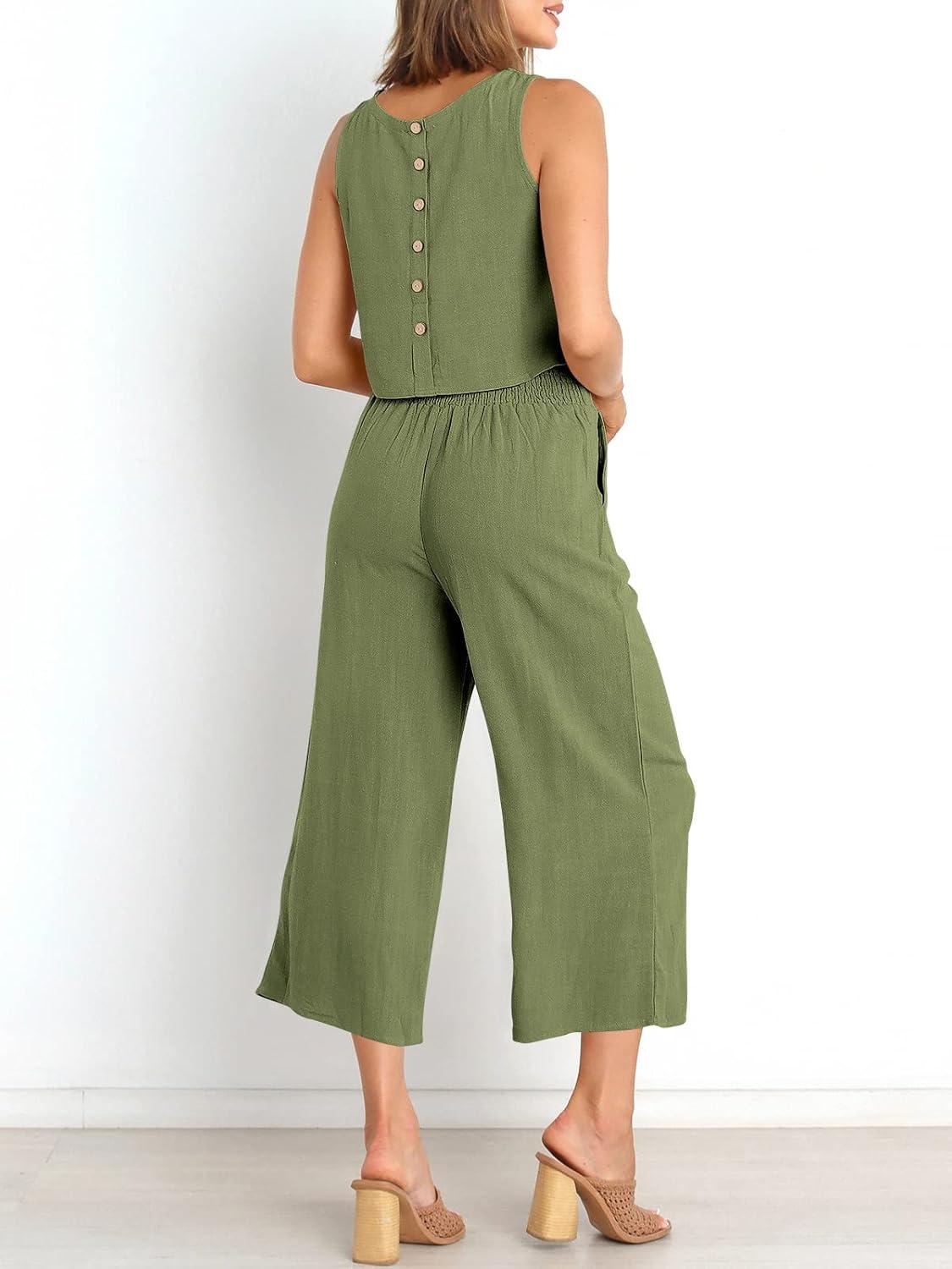 imageANRABESS Womens Summer 2 Piece Outfits Sleeveless Crop Top Capri Wide Leg Pants Jumpsuit Linen Lounge Beach Travel SetsArmy Green
